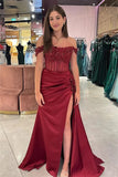 Mermaid Satin Off-the-Shoulder Lace Appliques Prom Dresses With Slit, PL606 image 4
