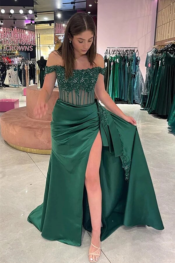 Mermaid Satin Off-the-Shoulder Lace Appliques Prom Dresses With Slit, PL606 | Promnova US2 / Green Mermaid Satin Off-the-Shoulder Lace Appliques Prom Dresses With Slit, PL606 | Promnova US2 / Green
