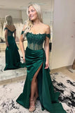 Mermaid Satin Off-the-Shoulder Lace Appliques Prom Dresses With Slit, PL606 image 2