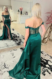 Mermaid Satin Off-the-Shoulder Lace Appliques Prom Dresses With Slit, PL606 image 3