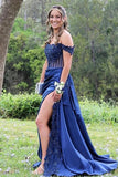 Mermaid Satin Off-the-Shoulder Lace Appliques Prom Dresses With Slit, PL606 image 5
