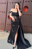 Mermaid Satin Off-the-Shoulder Lace Appliques Prom Dresses With Slit, PL606 image 6