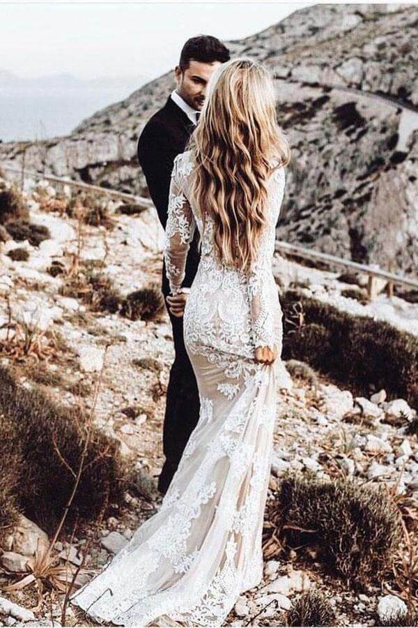 Lace Boho Wedding Dress Mermaid Long Sleeve Rustic Bridal Gown TN251 US8 / White Lace Boho Wedding Dress Mermaid Long Sleeve Rustic Bridal Gown TN251 US8 / White