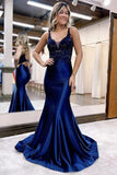 Navy Blue Mermaid Satin V Neck Prom Dresses With Lace Appliques, PL642 image 1