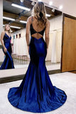 Navy Blue Mermaid Satin V Neck Prom Dresses With Lace Appliques, PL642 image 2