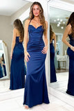 Navy Blue Satin Mermaid Spaghetti Straps Lace Appliques Long Prom Dresses, PL791