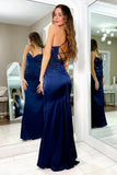 Navy Blue Satin Mermaid Spaghetti Straps Lace Appliques Long Prom Dresses, PL791 | lace prom dress | evening dress | prom dress for girls | promnova.com