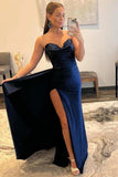 Navy Blue Sweetheart Sheath Side Slit Long Prom Dresses, Evening Dress, PL581