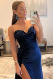 Navy Blue Sweetheart Sheath Side Slit Long Prom Dresses, Evening Dress, PL581 | prom dress stores | prom dresses near me | strapless prom dress | promnova.com