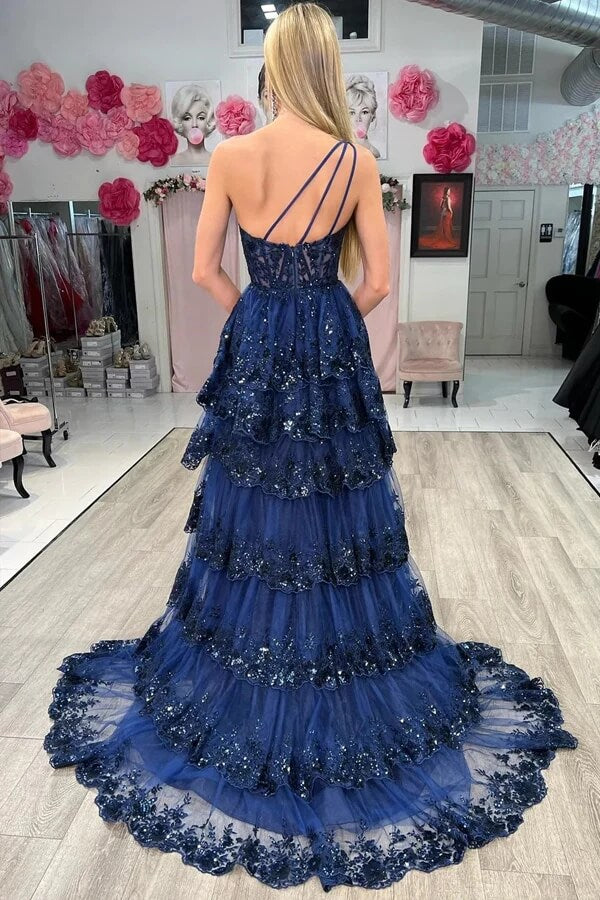 Navy Tulle A Line Sequins One Shoulder Prom Dresses, PL632 | Promnova US16 / Custom Color Navy Tulle A Line Sequins One Shoulder Prom Dresses, PL632 | Promnova US16 / Custom Color