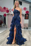 Navy Blue Tulle A Line Sequins One Shoulder Prom Dresses With Slit, PL632