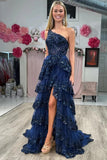 Navy Blue Tulle A Line Sequins One Shoulder Prom Dresses With Slit, PL632 | navy prom dress | long formal dress | party dress | promnova.com