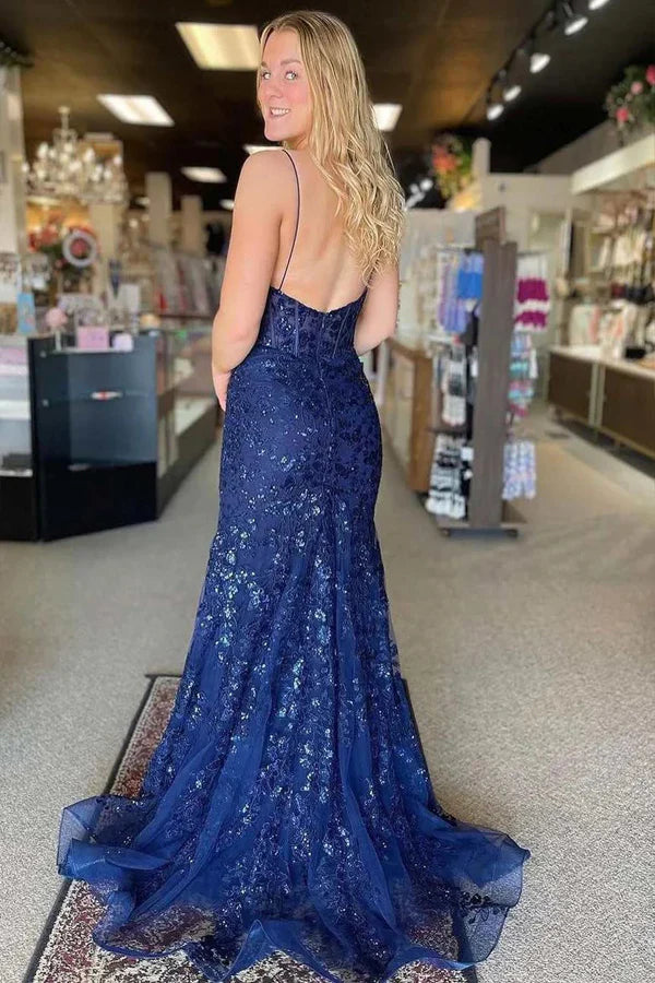 Navy Mermaid V-Neck Spaghetti Straps Lace Prom Dress, PL682 | Promnova Navy Mermaid V-Neck Spaghetti Straps Lace Prom Dress, PL682 | Promnova