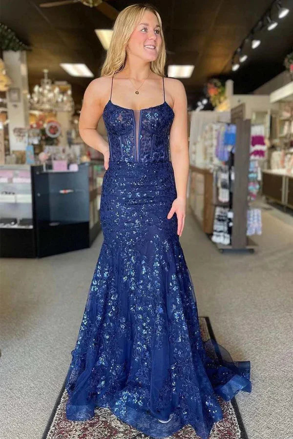 Navy Mermaid V-Neck Spaghetti Straps Lace Prom Dress, PL682 | Promnova