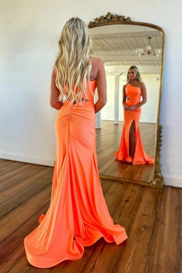 Orange Mermaid One Shoulder Prom Dress With Slit, Evening Dresses, PL574 image 2