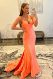 Orange Mermaid V Neck Tight Prom Dresses With Train, Evening Gown, PL629