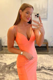 Orange Mermaid V Neck Tight Prom Dresses With Train, Evening Gown, PL629 | simple prom dress | new arrival prom dress | prom dresses near me | promnova.com