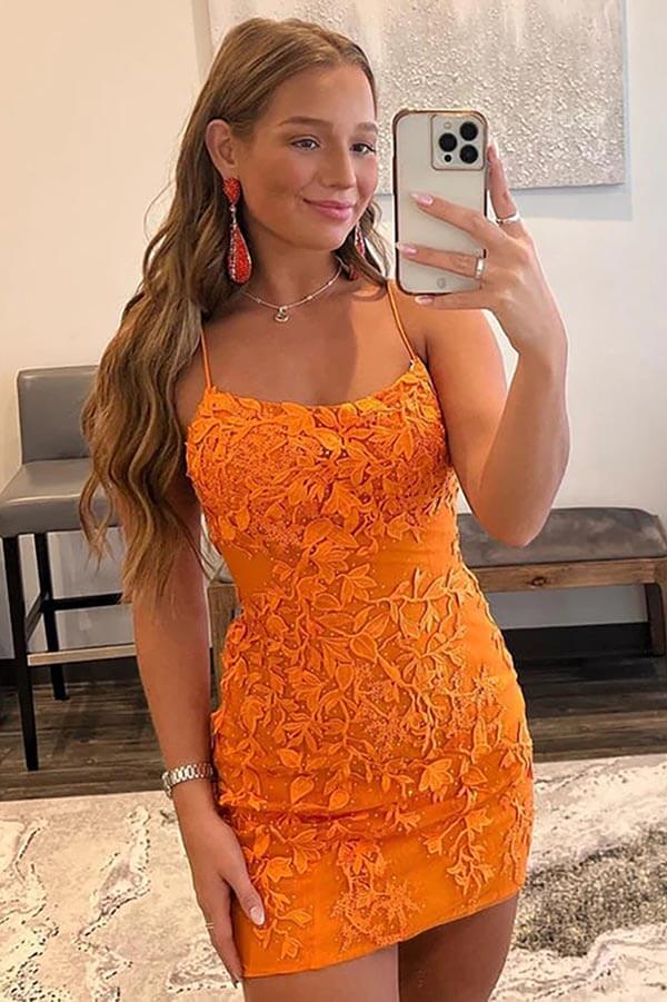 Orange Sheath Scoop Neck Lace Homecoming Dresses, PH421