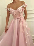 Pink A-line Off The Shoulder Strapless 3D Floral Appliqued Prom Dresses, PL565 | long prom dresses | lace prom dress | cheap prom dresses | promnova.com