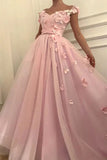 Pink A-line Off The Shoulder Strapless 3D Floral Appliqued Prom Dresses, PL565