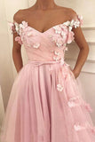 Pink A-line Off The Shoulder Strapless 3D Floral Appliqued Prom Dresses, PL565 | a line prom dress | evening gown | long formal dresses | promnova.com