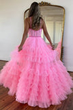 Pink A Line Tiered Tulle Scoop Neck Spaghetti Straps Long Prom Dresses, PL767 | cheap prom dresses online | prom dress stores | party dress | promnova.com