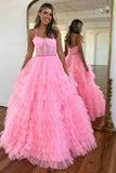 Pink A Line Tiered Tulle Scoop Neck Spaghetti Straps Long Prom Dresses, PL767