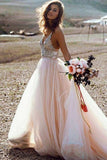 Pink A Line V- Neck Beading Sexy Beach Wedding Dress, Tulle Long Prom Dress, PL108 image 3