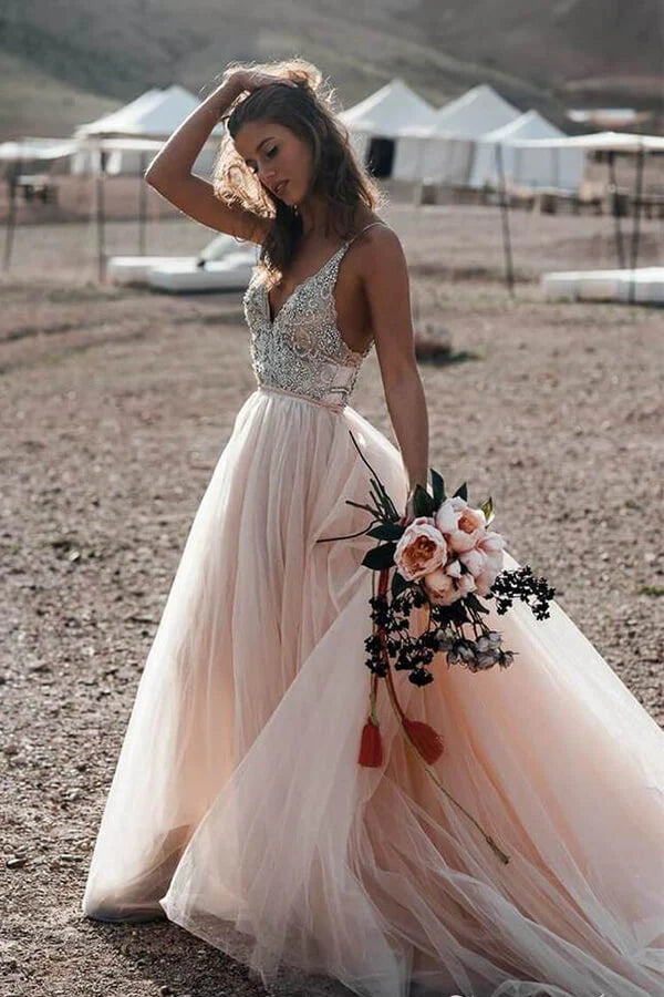 Pink A Line V- Neck Beading Beach Wedding Dress, Tulle Long Prom Dress US14 / Custom Color Pink A Line V- Neck Beading Beach Wedding Dress, Tulle Long Prom Dress US14 / Custom Color