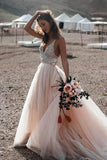 Pink A Line V- Neck Beading Sexy Beach Wedding Dress, Tulle Long Prom Dress, PL108 image 4