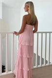 Pink Chiffon A Line Strapless Ruffled Multi-Layer Long Prom Dresses, PL786 image 2