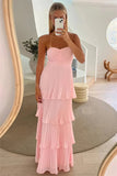 Pink Chiffon A Line Strapless Ruffled Multi-Layer Long Prom Dresses, PL786 image 1