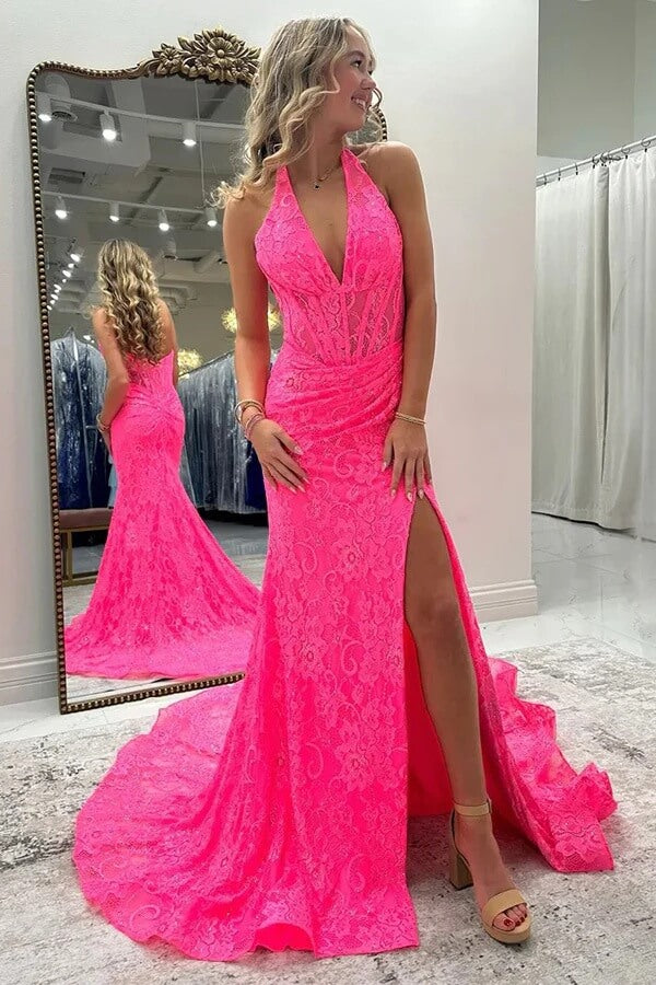Pink Mermaid Halter Corset Lace Appliques Prom Dress, PL734 | Promnova Custom Size / As Picture Pink Mermaid Halter Corset Lace Appliques Prom Dress, PL734 | Promnova Custom Size / As Picture