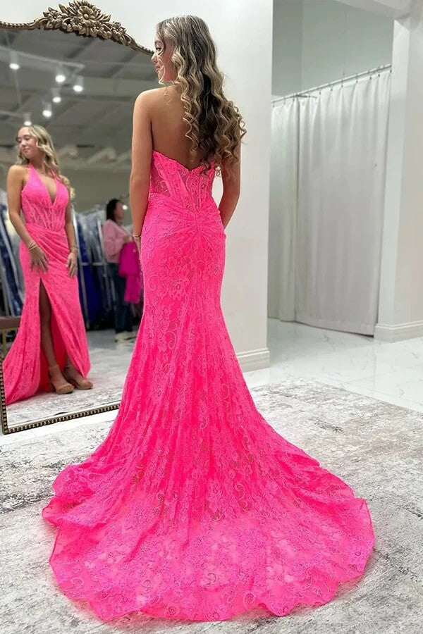 Pink Mermaid Halter Corset Lace Appliques Prom Dress, PL734 | Promnova Custom Size / As Picture Pink Mermaid Halter Corset Lace Appliques Prom Dress, PL734 | Promnova Custom Size / As Picture