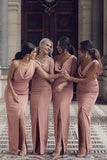 Pink Mermaid V Neck Long Bridesmaid Dresses With Slit, Bridal Party Dress, PB194 image 1