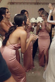 Pink Mermaid V Neck Long Bridesmaid Dresses With Slit, Bridal Party Dress, PB194 image 2
