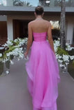 Pink Organza A Line Strapless Prom Dresses With Ruffles, Evening Dress, PL620 | cheap long prom dress | long formal dress | evening gown | promnova.com