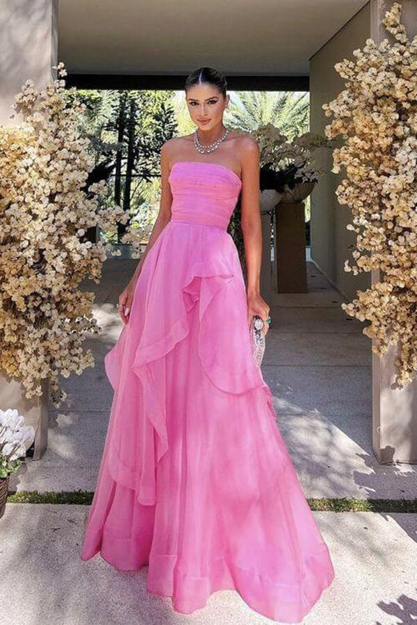 Pink Organza A Line Strapless Ruffles Prom Dresses, PL620