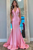 Pink Satin Mermaid Halter Lace Appliques Prom Dresses, Long Formal Dress, PL759 | pink prom dress | lace prom dress | party dress | promnova.com