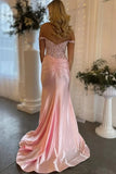 Pink Satin Mermaid Off-the-Shoulder Lace Appliques Long Prom Dresses, PL741 image 2