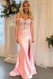 Pink Satin Mermaid Off-the-Shoulder Lace Appliques Long Prom Dresses, PL741