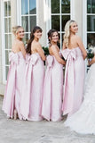 Pink Satin Sheath Strapless Long Bridesmaid Dress With Big Bow, Bridal Party Dress, PB195 | bridesmaid dresses near me | satin bridesmaid dress | junior bridesmaid dress | promnova.com