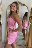 Pink Sequins Strapless Lace Appliqued Homecoming Dress Wiith Sleeves, PH445 image 3