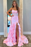 Pink Sheath Strapless Satin Pleated Appliques Tiered Long Prom Dress, PL709