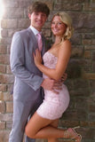 Pink Sheath Strapless Sweetheart Homecoming Dress With Lace Appliques, PH475 | new arrival homecoming dress | homecoming dress short | graduation dresses | promnova.com