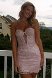 Pink Sheath Strapless Sweetheart Homecoming Dress With Lace Appliques, PH475 | cheap homecoming dress | lace homecoming dress | sexy homecoming dress | promnova.com