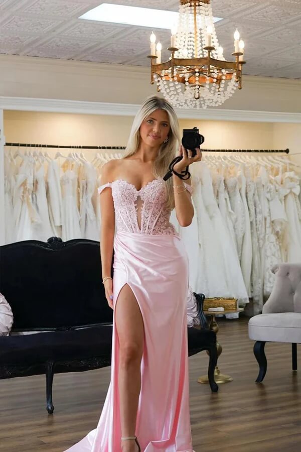 Pink Silk Satin Mermaid Off-the-Shoulder Long Prom Dress With Appliques, PL651 image 1