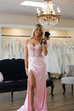 Pink Silk Satin Mermaid Off-the-Shoulder Long Prom Dress With Appliques, PL651 image 1