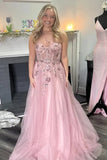 Pink Tulle A-line One Shoulder Long Prom Dresses With Lace Appliques, PL652