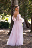 Pink Tulle A Line Long Sleeves Floor Length Prom Dresses With Lace Appliques, PL792 image 2